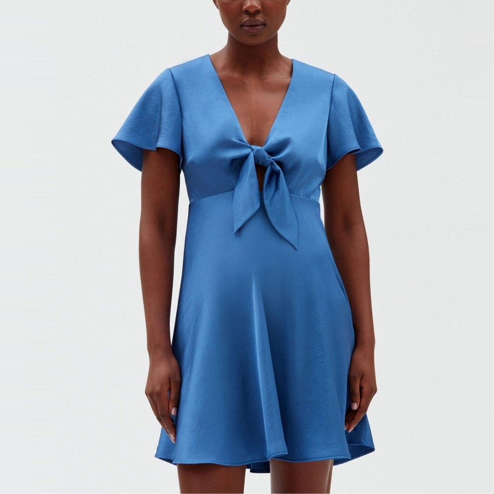 Claudie Pierlot Raffia Flowing Mini Dress Blue Tie Front Flutter Sleeve Size 2/3